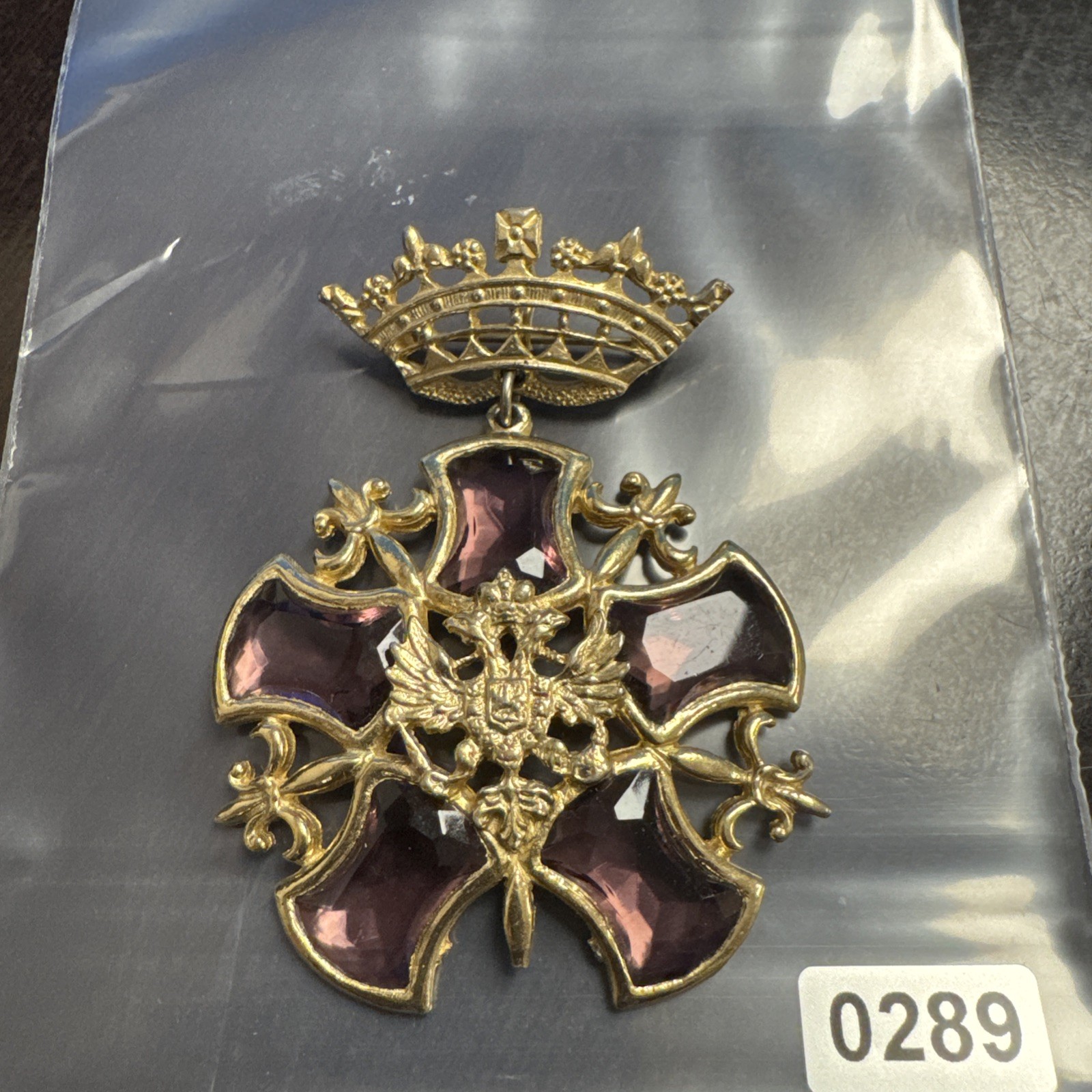 Vintage Gold-tone Purple Glass Eagle Crown Brooch/Pendant 3″