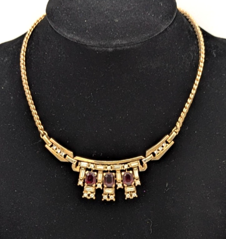 Louis Stern Lustern Red Rhinestone Necklace Bib Choker Goldtone Vintage Art Deco