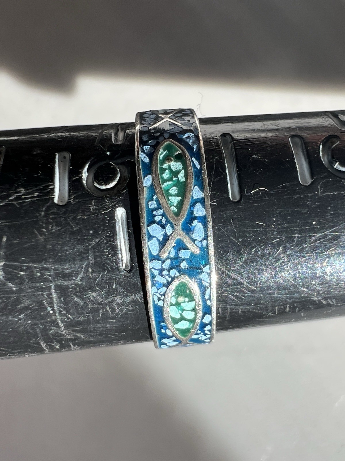 Vintage Antique Solid 14k Gold 585 Stamp Enamel Fish Figure Blue Ring Size 6.75