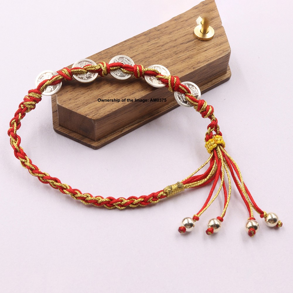 Pure 999 Fine Silver Bracelet 5pcs Coin-Bead Cord Knitted Adjustable Bracelet