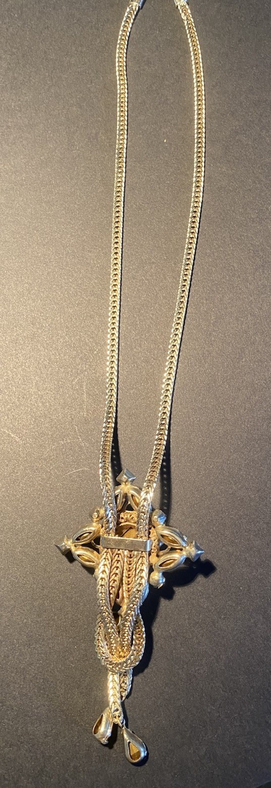 Fixed-Pendant Lariat Necklace Faux Citrine & Amethyst Herringbone Chain ’70s VTG