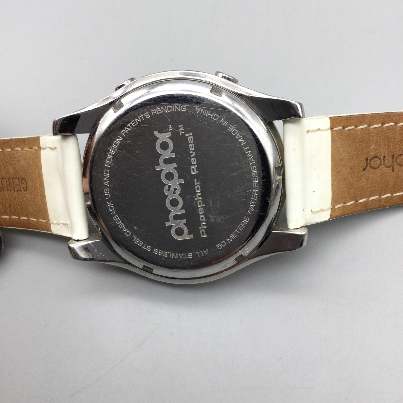 Phosphor Reveal Womens Watch 39mm Crystals LED Digital White Leather New Battery