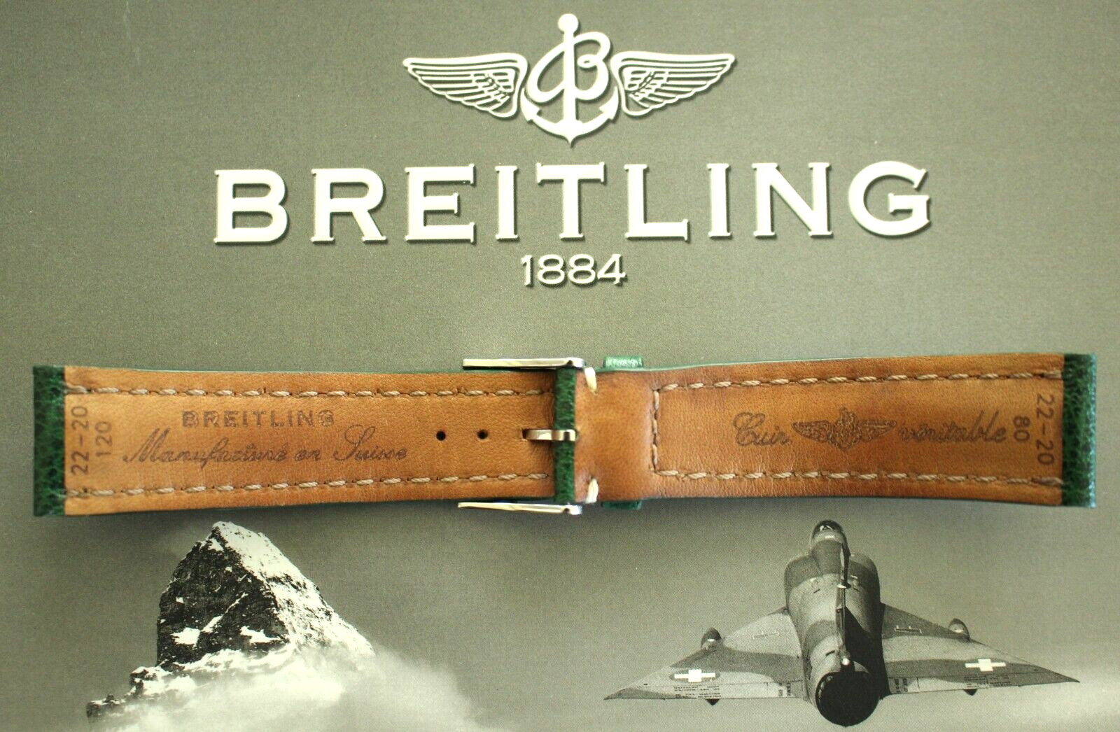 BREITLING 321X 22-20 BRG GREEN BULLHIDE TONGUE BUCKLE WATCH BAND WATCHBAND STRAP