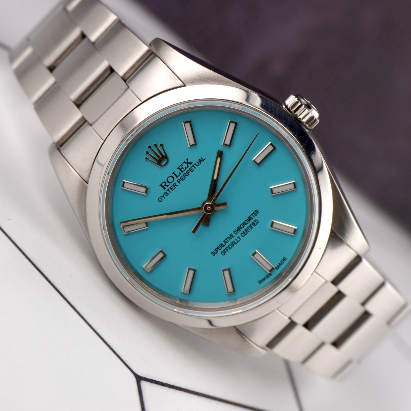 Rolex 34mm Oyster Perpetual Stainless Steel Baby Blue Dial Watch 14000