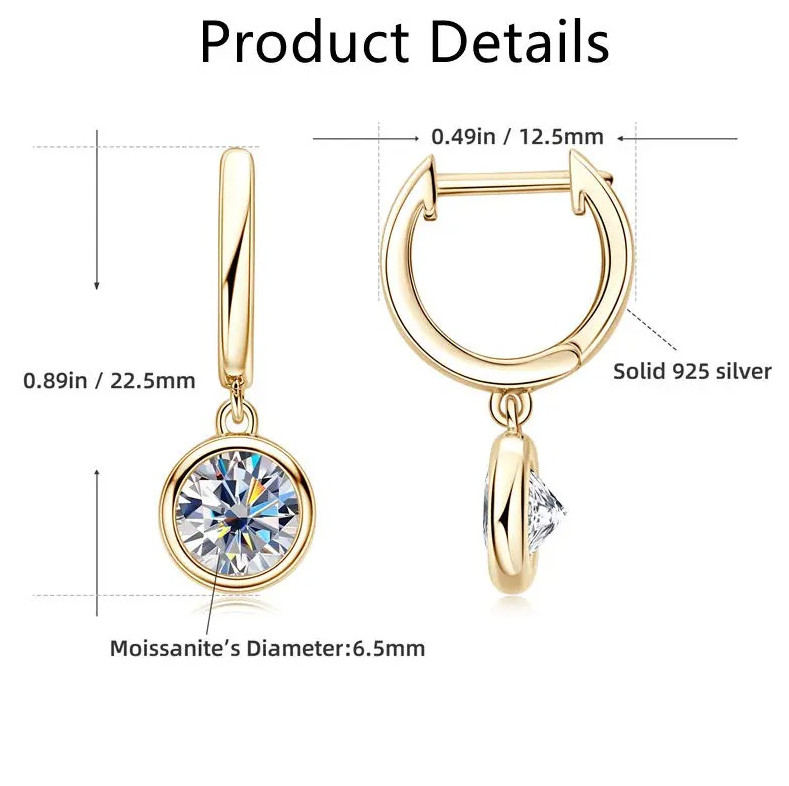 2CT 4CT Round Bezel Moissanite Drop Earrings 925 Sterling Silver Dangle Earring