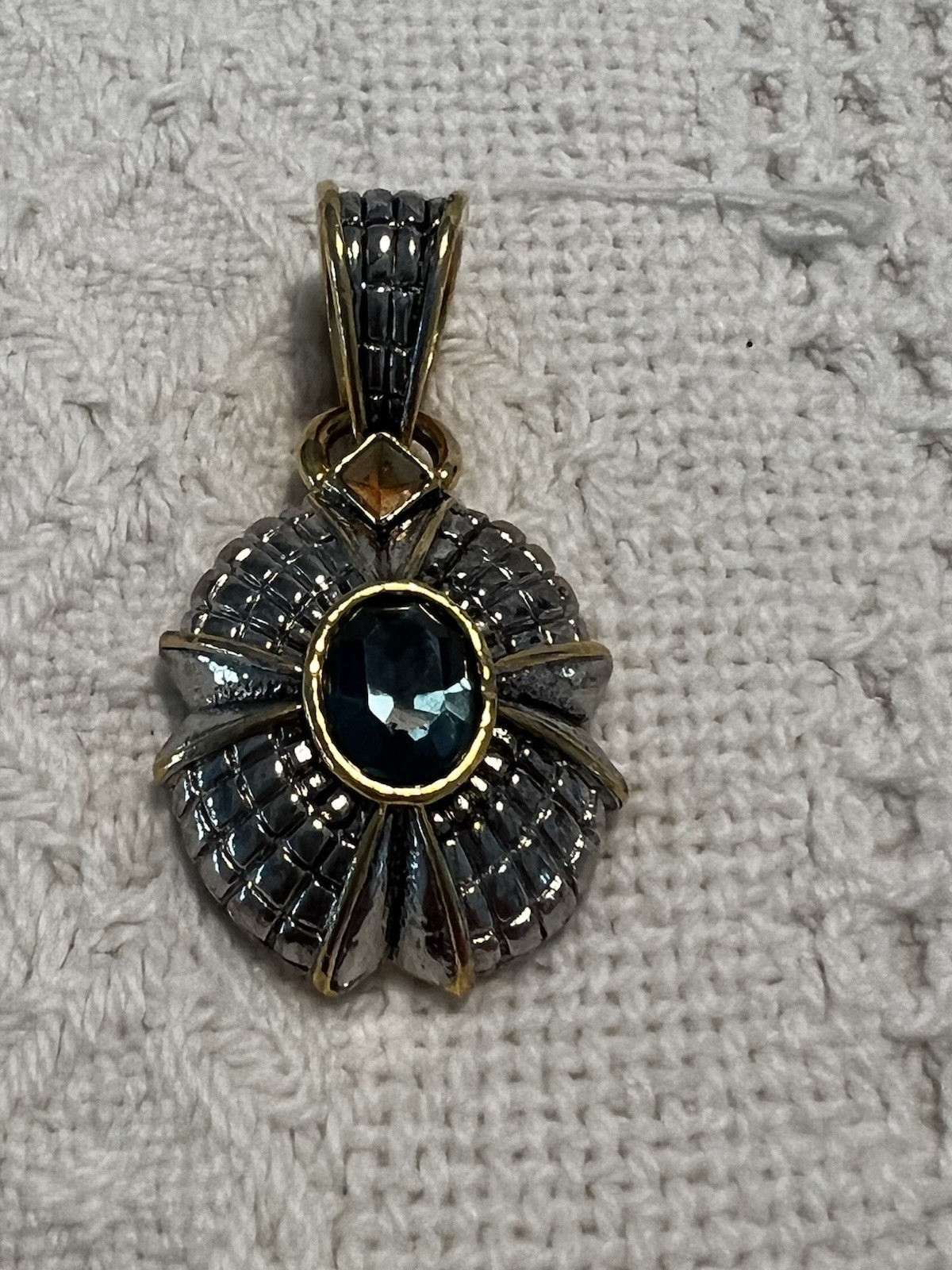 September Birthstone Blue Rhinestone Two Tone Metal Pendant jo