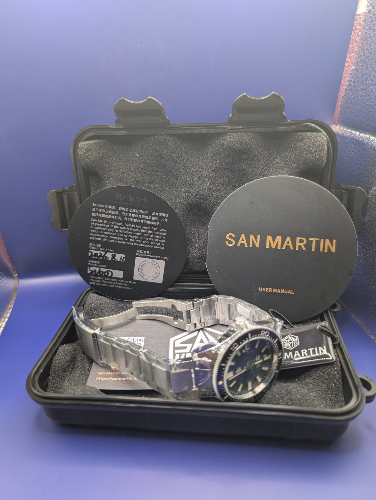 San Martin 40mm Automatic Diver 200m Blue Dial Black Bezel Date SS sn0007