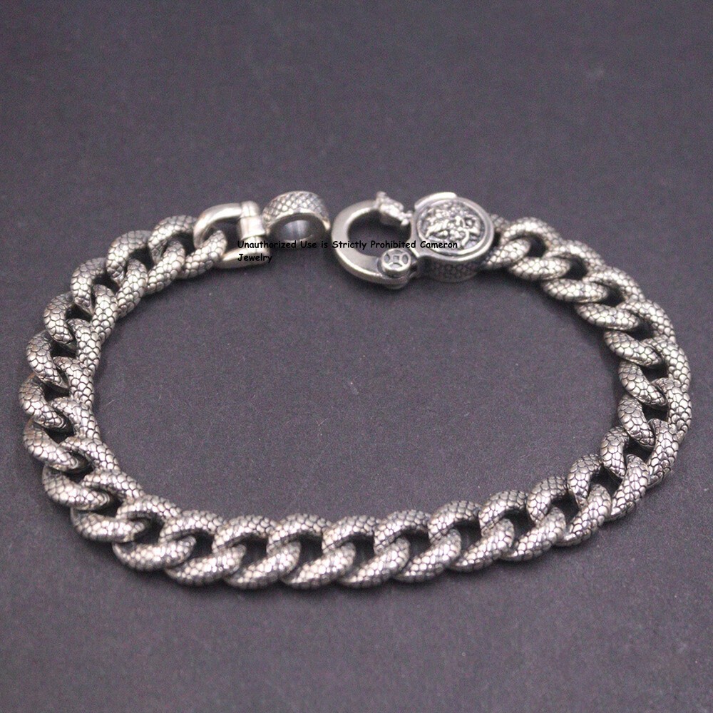 Pure S925 Sterling Silver Chain Men 9mm Dragon Curb Link Bracelet 34-35g 7.9inch