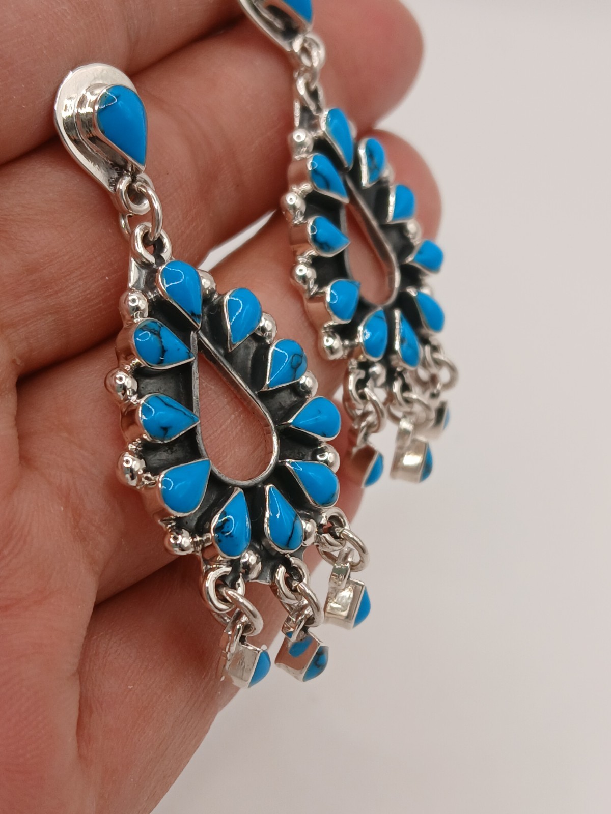 Sterling Silver Navajo Style Turquoise Teardrop Dangle Earrings 61mm