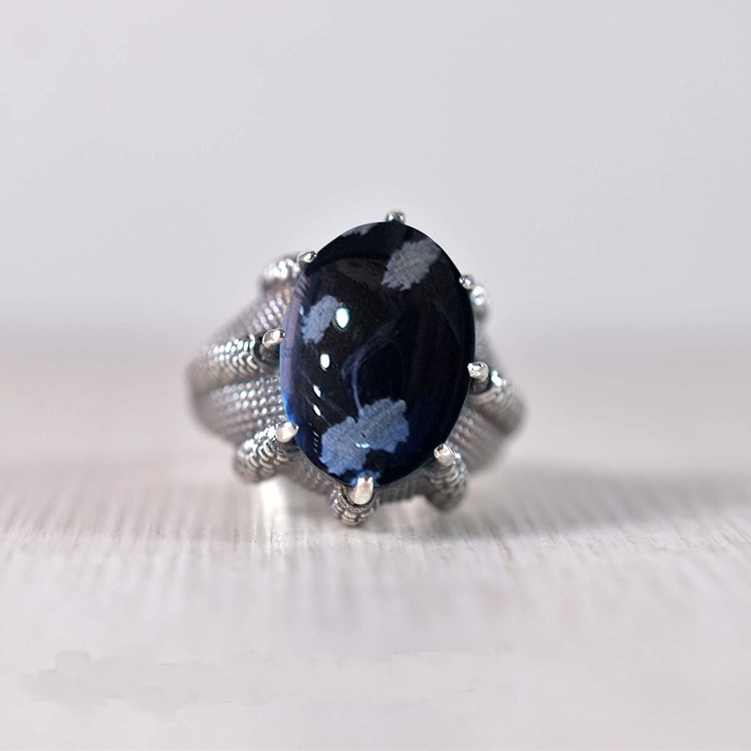 Solid 925 Sterling Silver AA Snowflake Obsidian Oval Gemstone Men’s Unisex Ring
