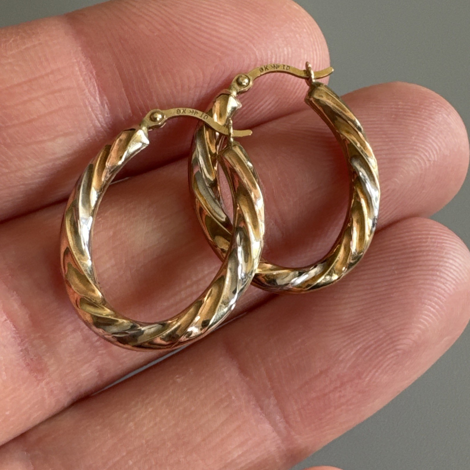 9ct Yellow, Rose & White Gold Twist Oval Creole Hoop Earrings 24.7mm Long 0.78g