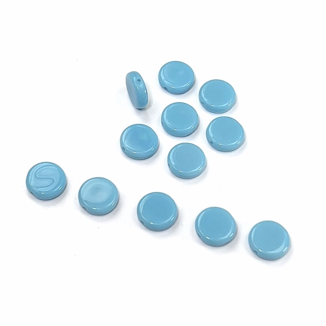 Czech Glass Druk Beads in size 10mm, Flat Disc, Blue Turquoise opaque color, 50p