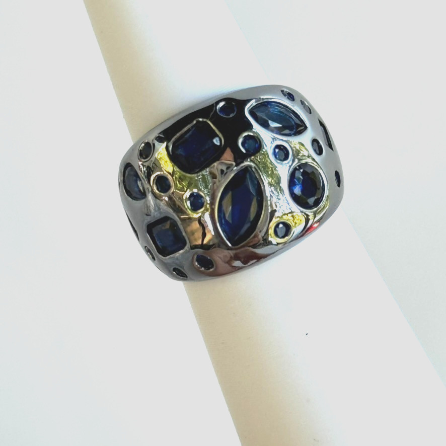 Bomb Party September Ring Size 5 LC Sapphire on Hematite “Woke Up Royal”