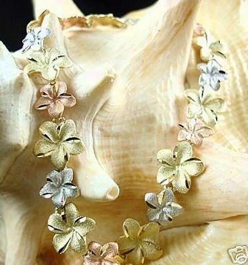 11mm-8.5mm Hawaiian Solid 14k Tri-Color Gold DC Matted Plumeria Bracelet 8.0″ #2