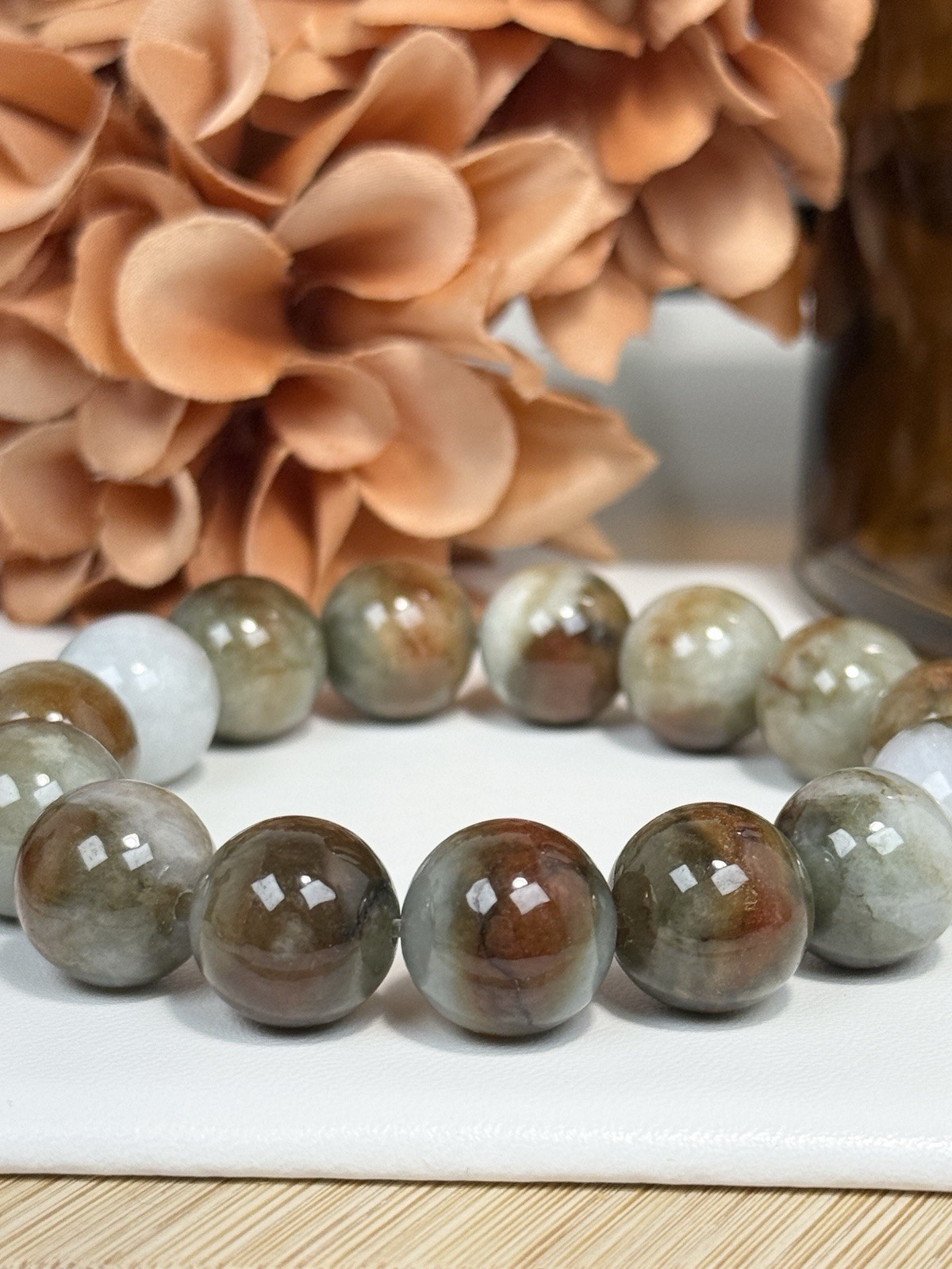 Jadeite White/Brown/Green Bead Bracelet 13.9MM