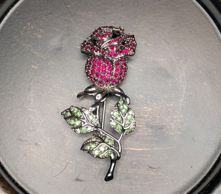Retired Swarovski Rose Flower Pin Silver Tone Pink & Green Rhinestone Metal