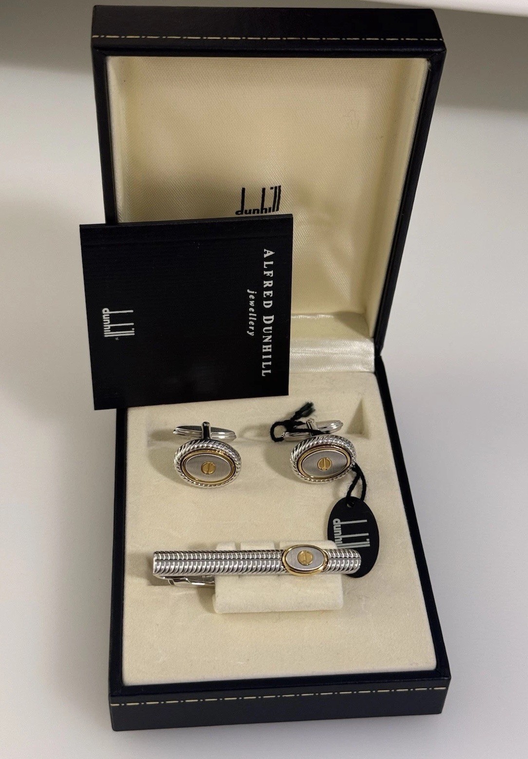 Dunhill Cufflinks & Tie Clip Set Two-Tone Silver Gold Tone Boxed