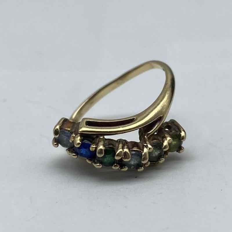 10K Yellow Gold Multi-Gemstone Bypass Ring Size 3.25 Aquamarine Emerald 2.3g