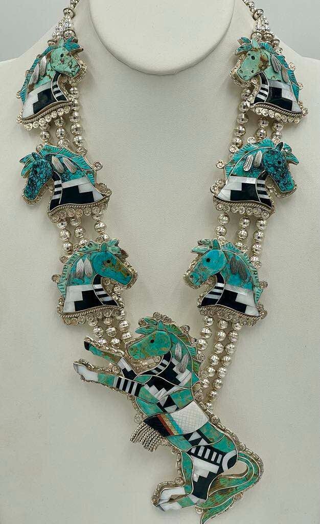 Native American Zuni Eldred Martinez Signed Turquoise ZUNI PONY Squash Necklace