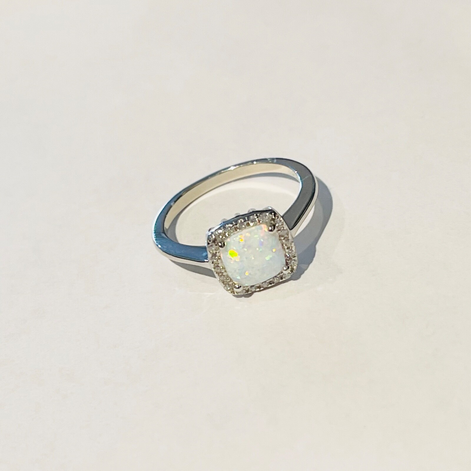 Sterling Silver Square White Lab Opal Ring, Silver Rings, CZ Ring, Wedding Ring