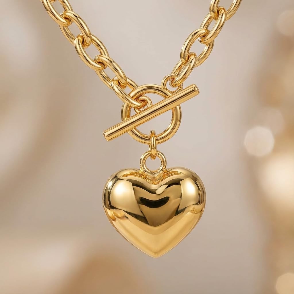 Chunky Gold Heart Necklace for Women, 18K GoldPlated Link Chain with Puffy He…