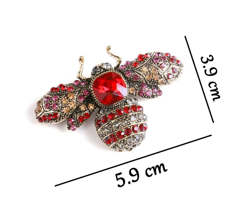 Woman Vintage Red Bee Insect Gold-tone Brooch Pin Crystal Rhinestone Gifts