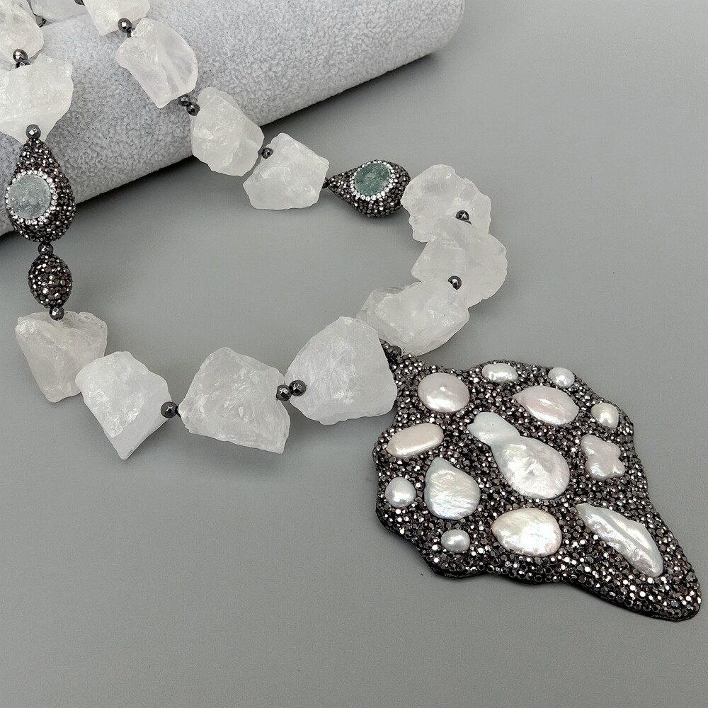White Quartz Rough Necklace big pendant white pearl black crystal pave Pendant