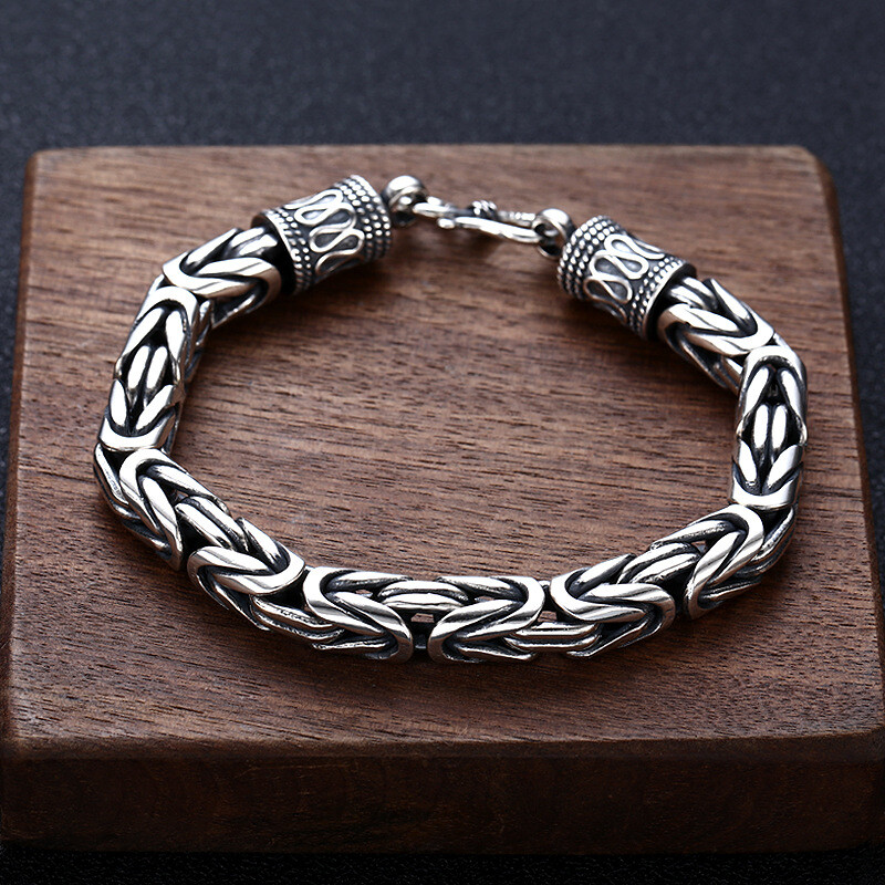 Vintage Pure S925 Sterling Silver Men 8mm Round Byzantine Link Bracelet 8.26inch