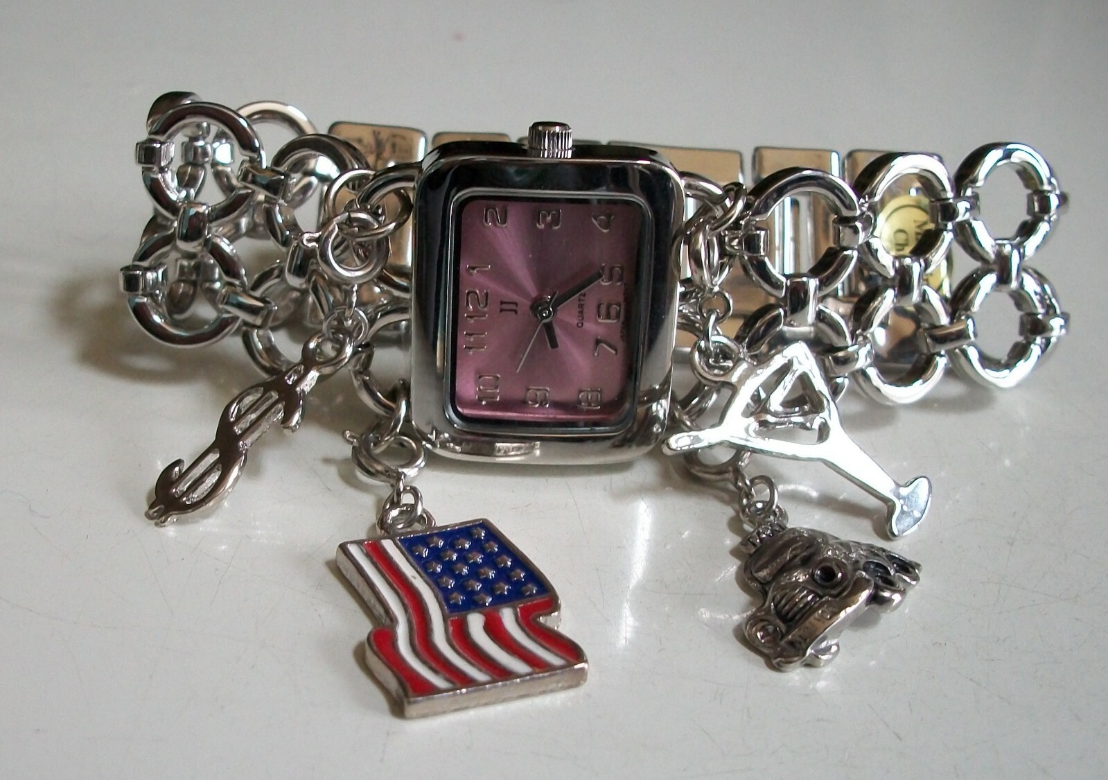 Women’s silver dangling charm bracelet American Flag fashion casual fun watch