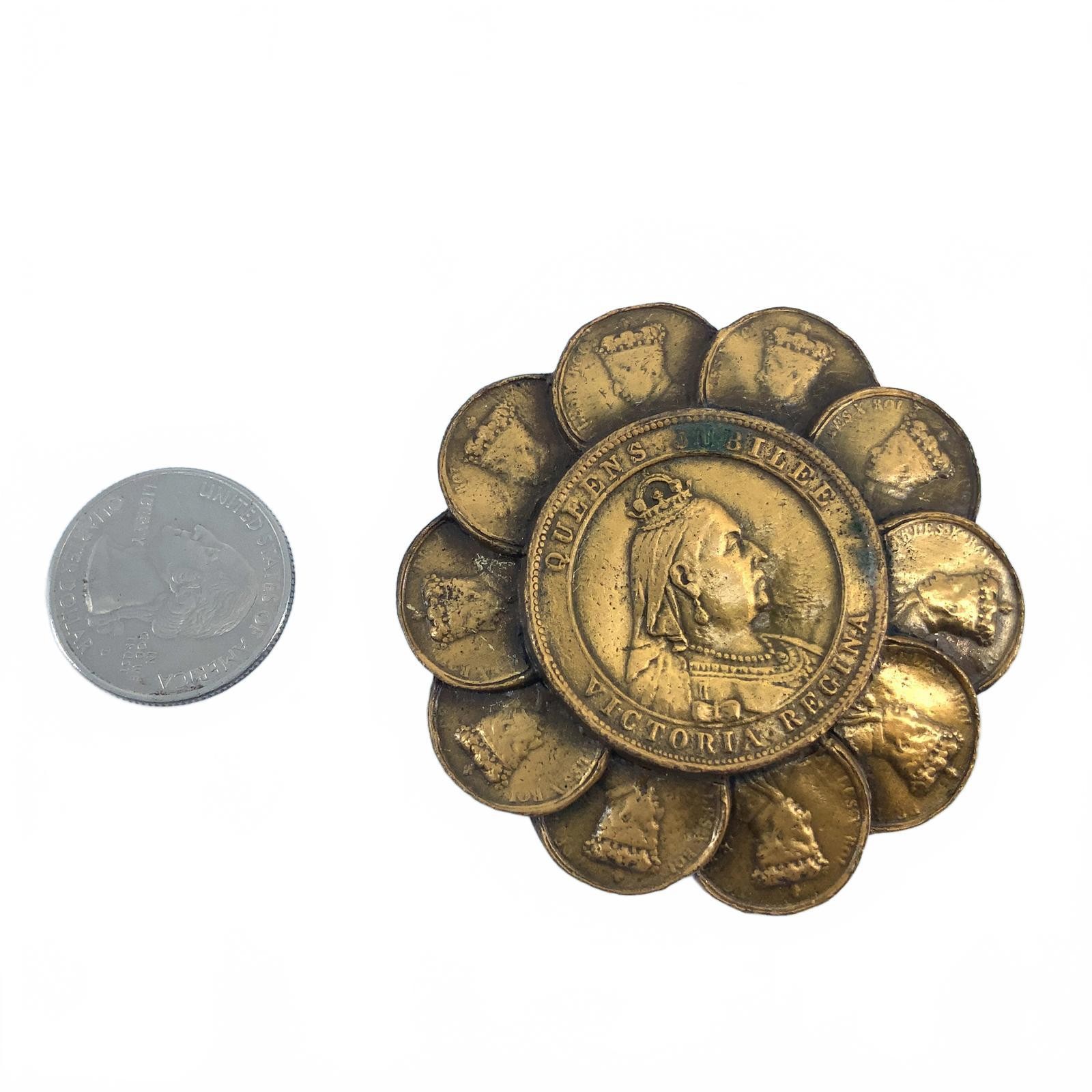 Vintage Queen Victoria Jubilee Coin Brooch Gold Tone Royal Commemorative Pin