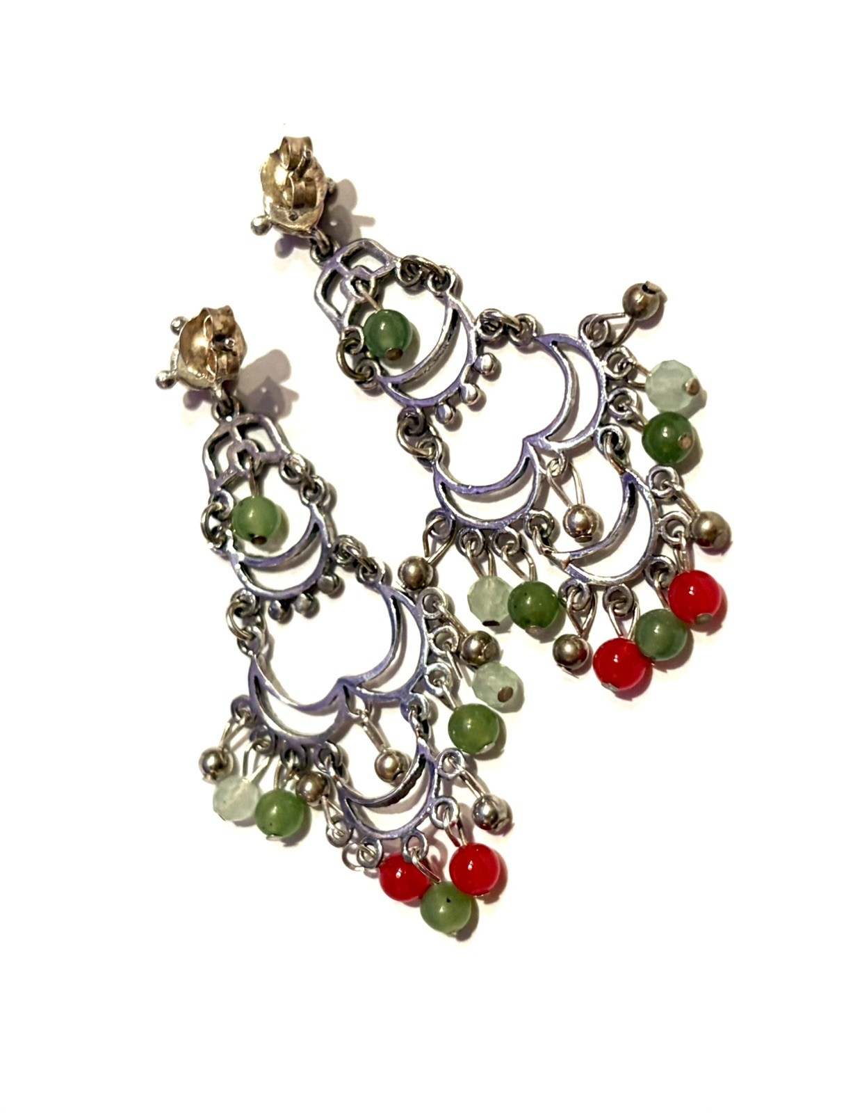 Signed Sterling 925 Thailand Boho Chandelier Green Red Jade Dangle Earrings