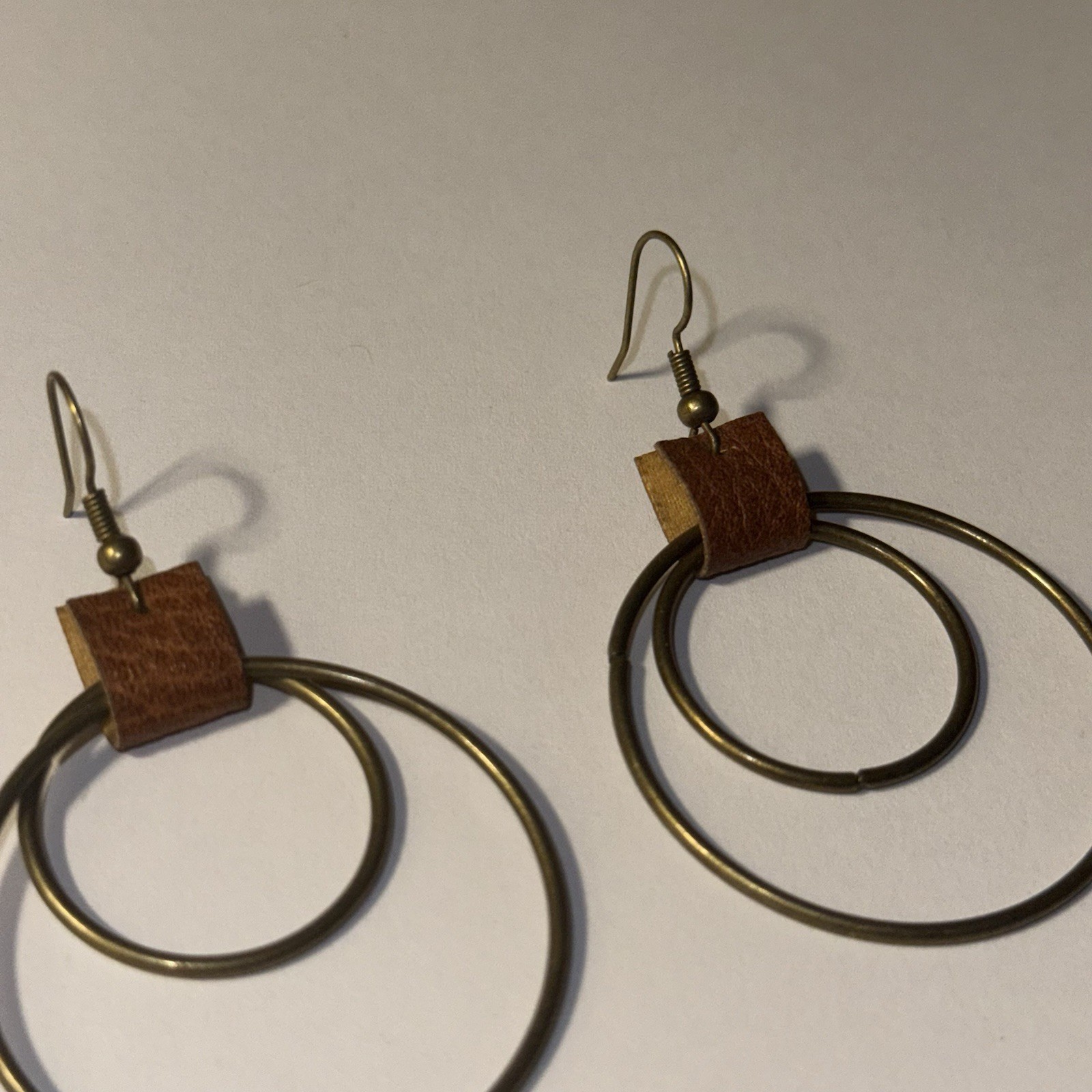 New Double Hoop Dangle Drop Earrings w/ Brown Leather Accent | Hook | Gold Tone