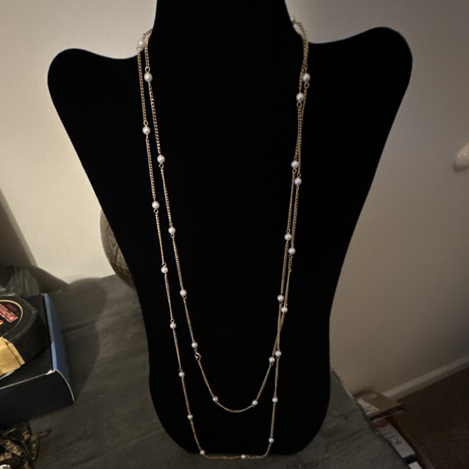 Gold Tone Layered Beaded Cable Chain Necklace Imitation Pearl More Than 36 in