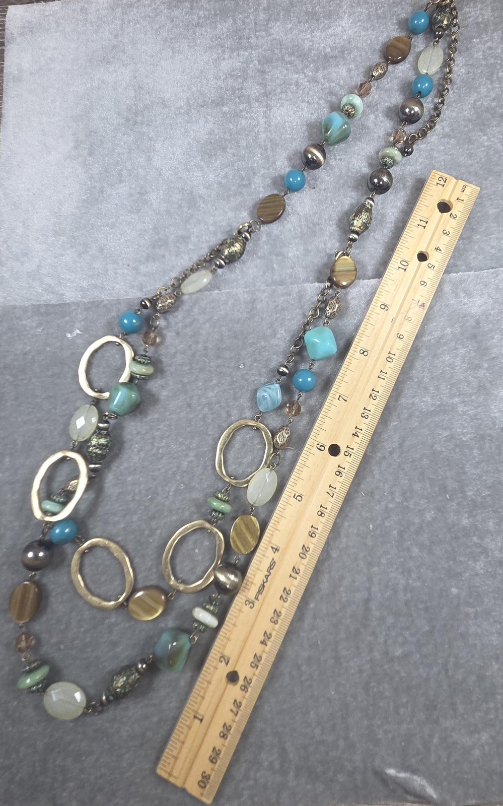 Chicos Vintage Double Strand Necklace Turquoise, Tigers Eye Hammered Gold Boho