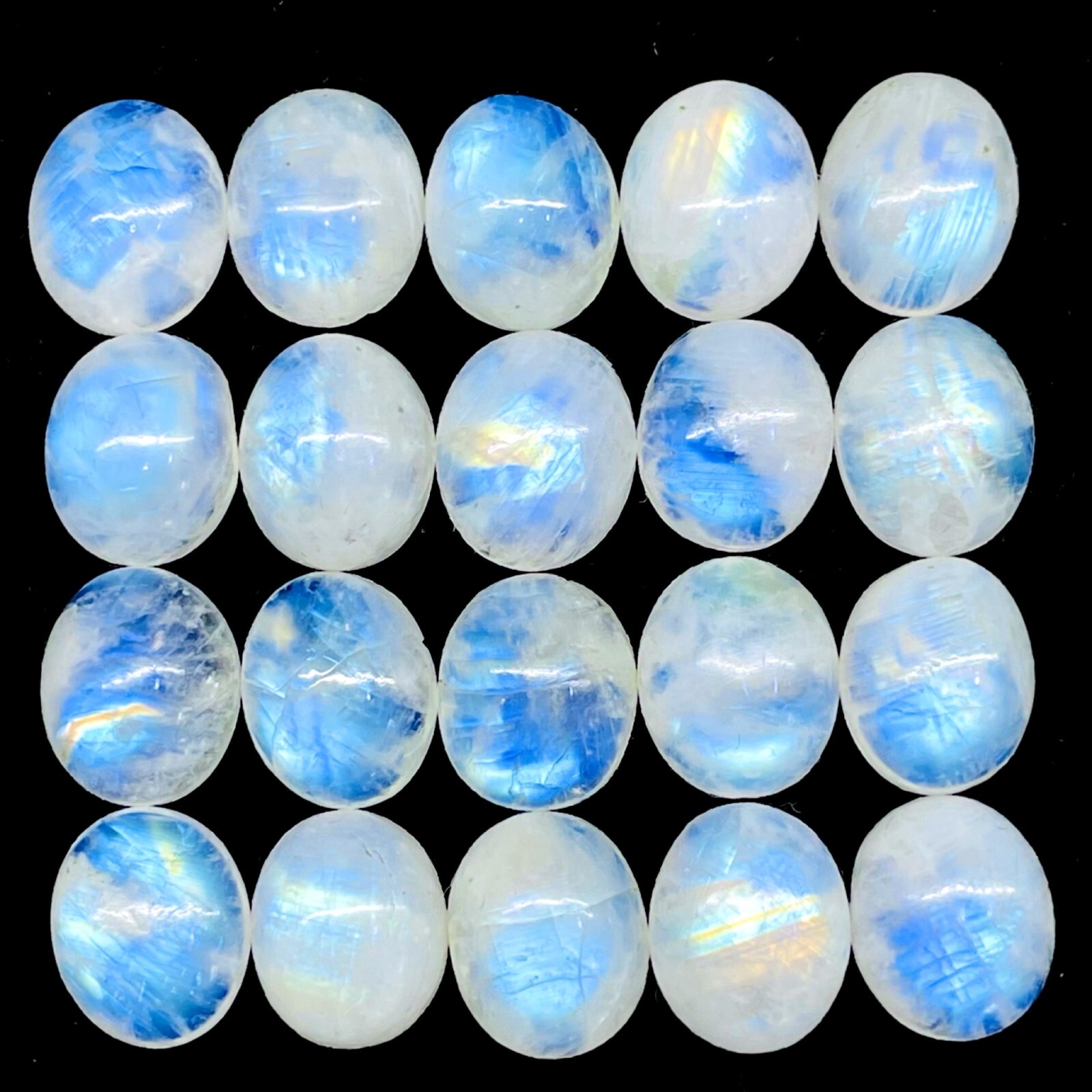 20 Pcs Natural Rainbow Moonstone 12x10mm Oval Blue Flash Cabochon Gemstones
