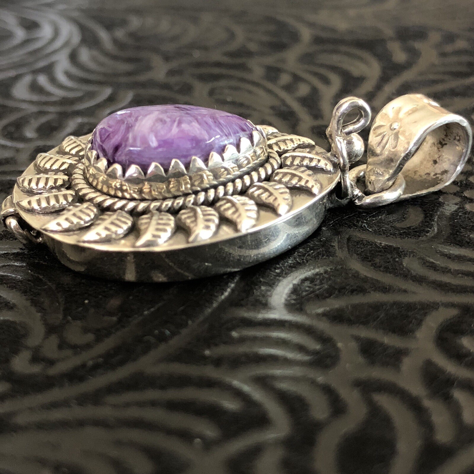 Sterling Silver Charoite Stone Feather Detail Poison Pendant Stamped 925