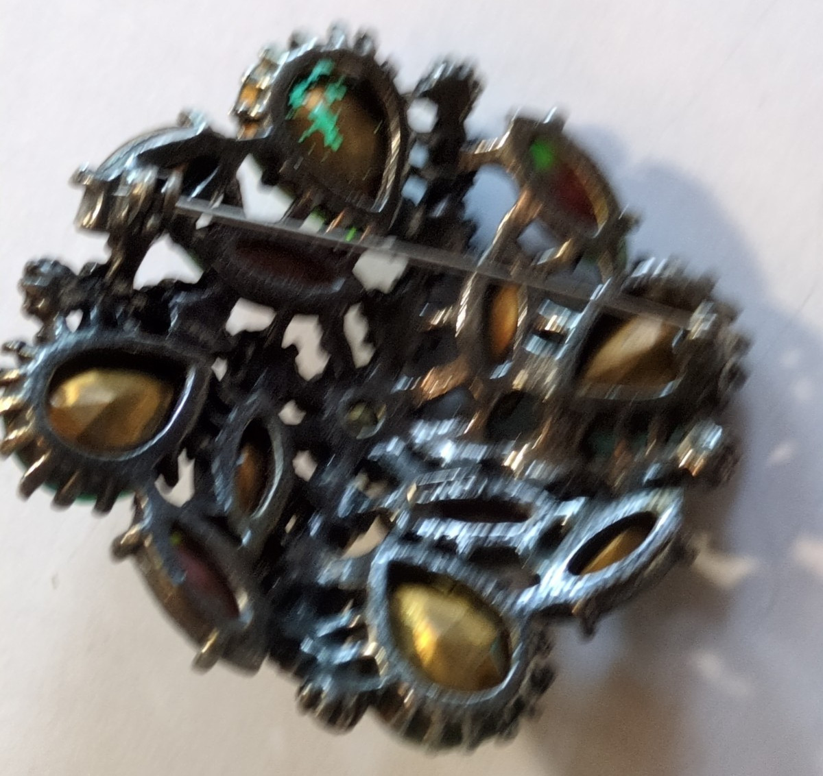 ART Arthur Pepper Watermelon Bicolor AB Glass Rhinestone Brooch Blues Greens Red