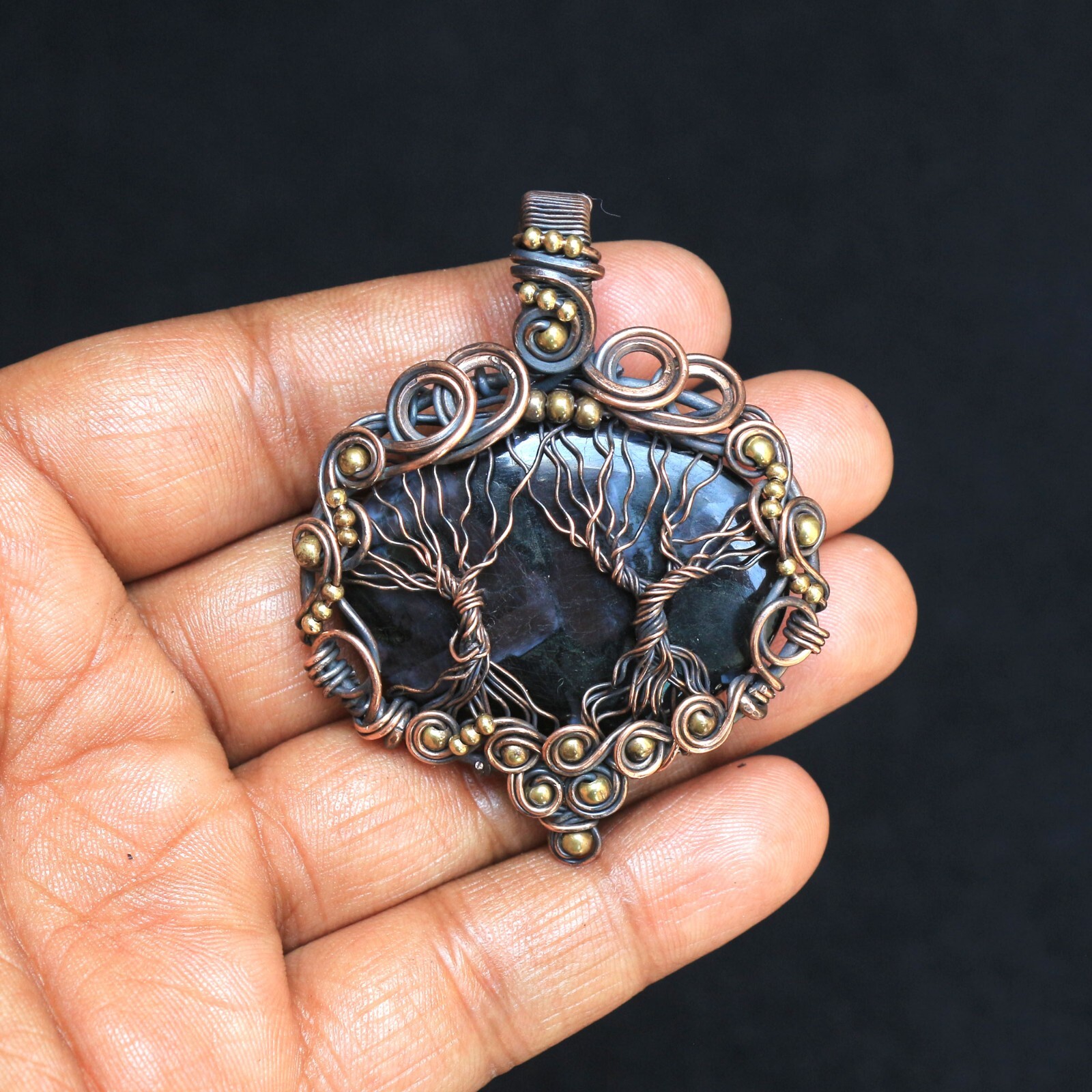 Copper Tree Pendant Indigo Gabbro Jasper Wire Wrap Gemstone Jewelry Gift N404