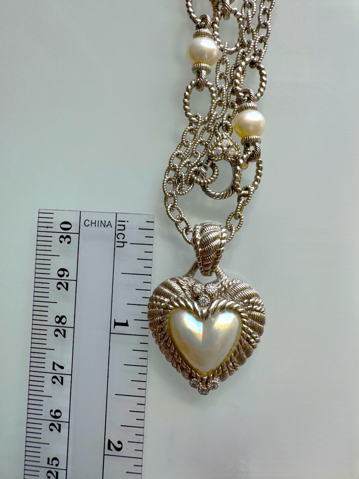 Judith Ripka 925 Sterling Silver MOP Heart Pendant & Station Chain Necklace