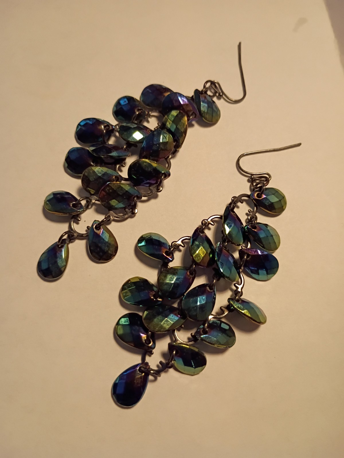 Vintage Iridescent Peacock Chandelier Dangle Earrings