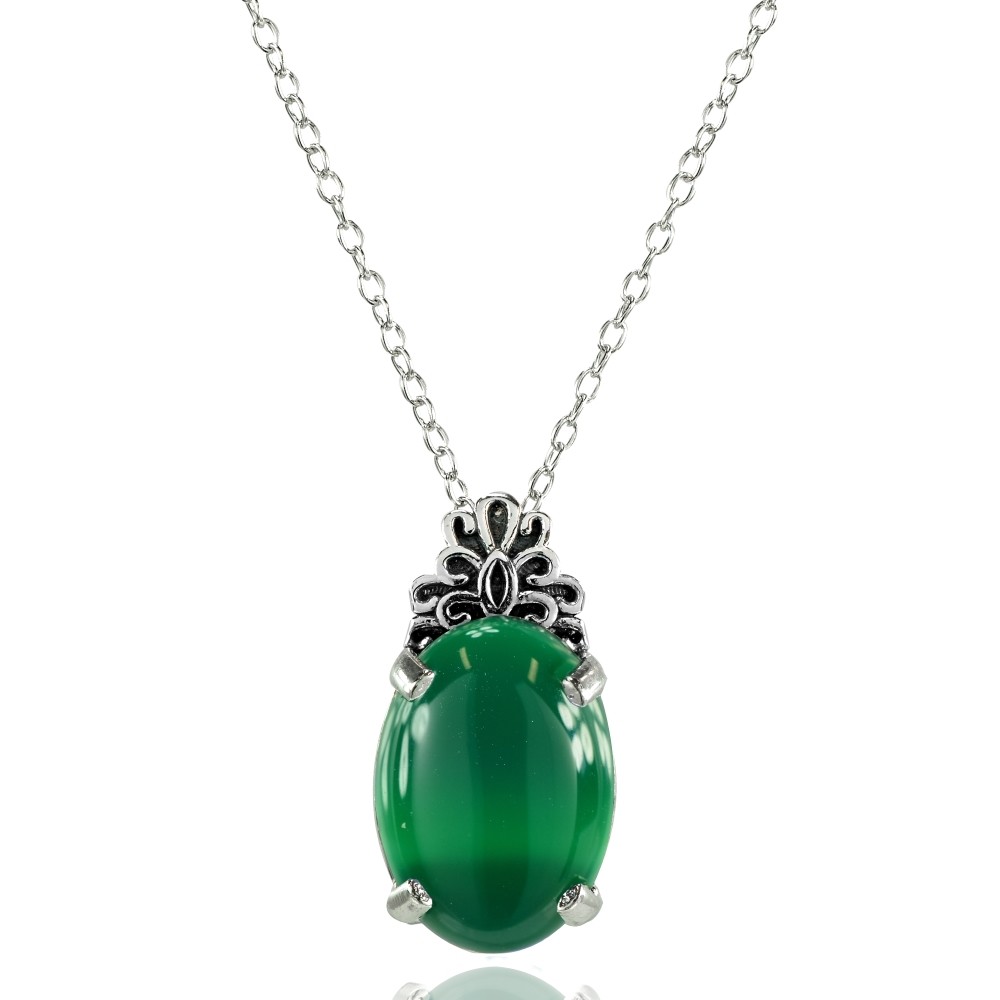 Oxidized Bali Inspired Filigree Oval Simulated Jade Necklace in 925 Silver