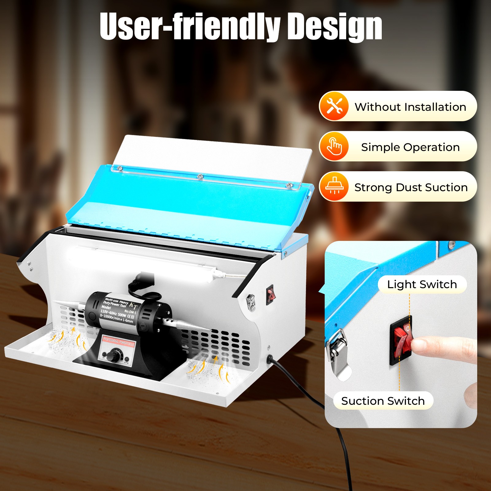 Benchtop Polishing Buffing Machine Jewelry Polisher Dust Collector W/ Light 500W