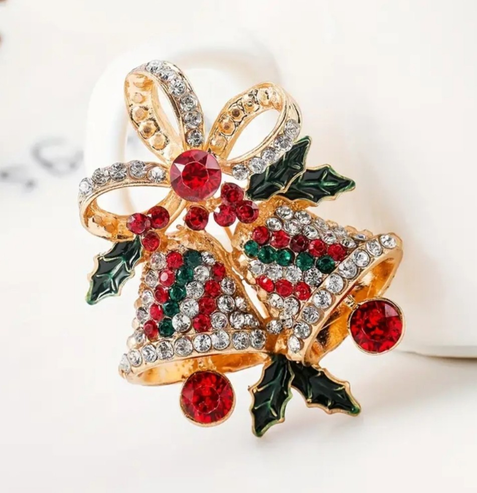 VINTAGE RED & GREEN RHINESTONE GOLD SLEIGH BELLS~CHRISTMAS WINTER PIN BROOCH