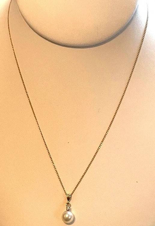 14K Yellow Gold Necklace Pearl Diamond Pendant Solitaire 6.9mm 17″ Chain Vtg WRC