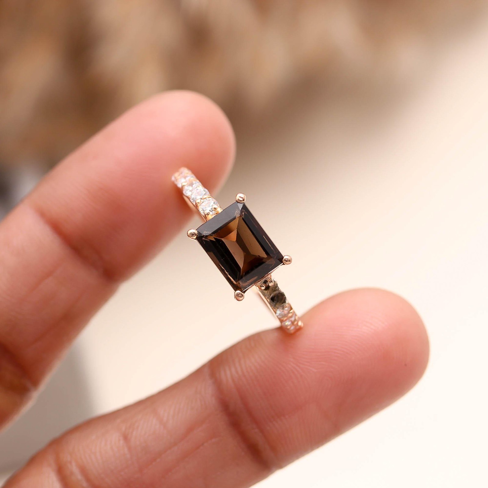 Natural Smoky Quartz Octagon Ring Rose Gold Fill Solid Silver Minimalist Jewelry