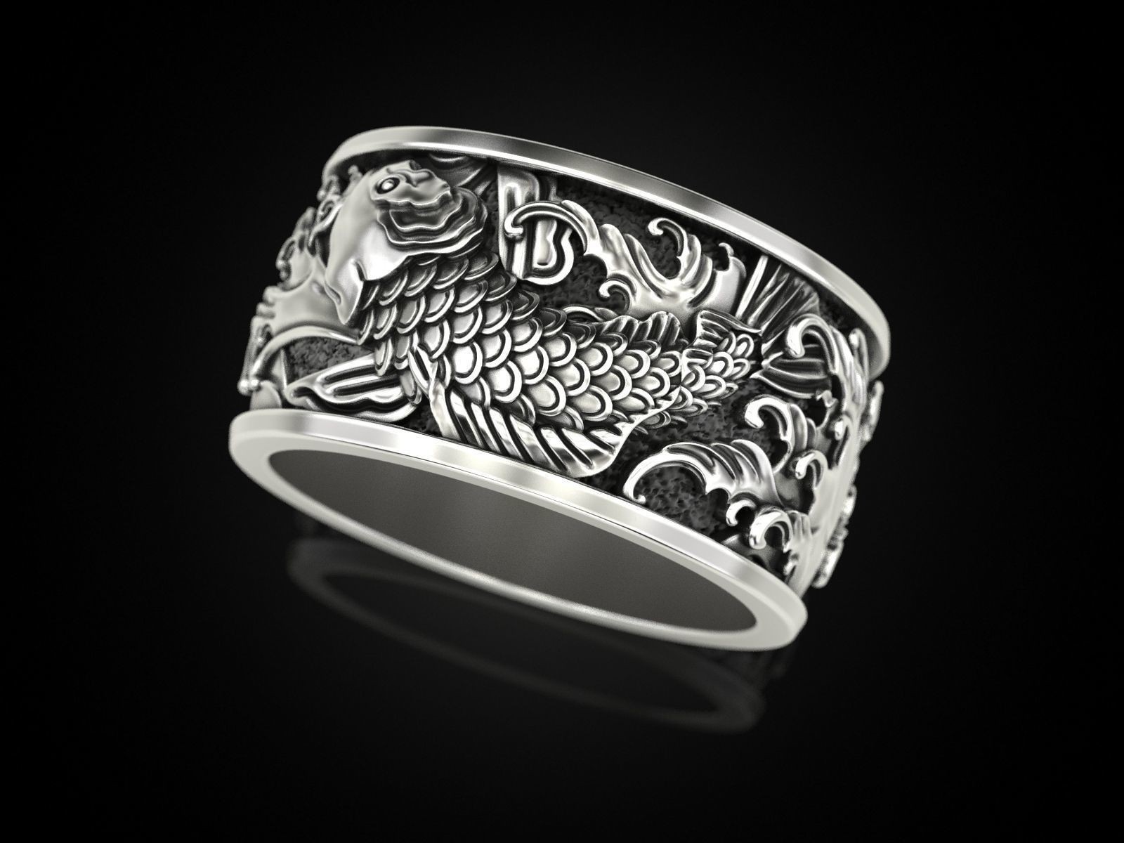 Oxidized Mens Two Japanese Carp & Waves Gothic 925Sterling Silver Statement Ring
