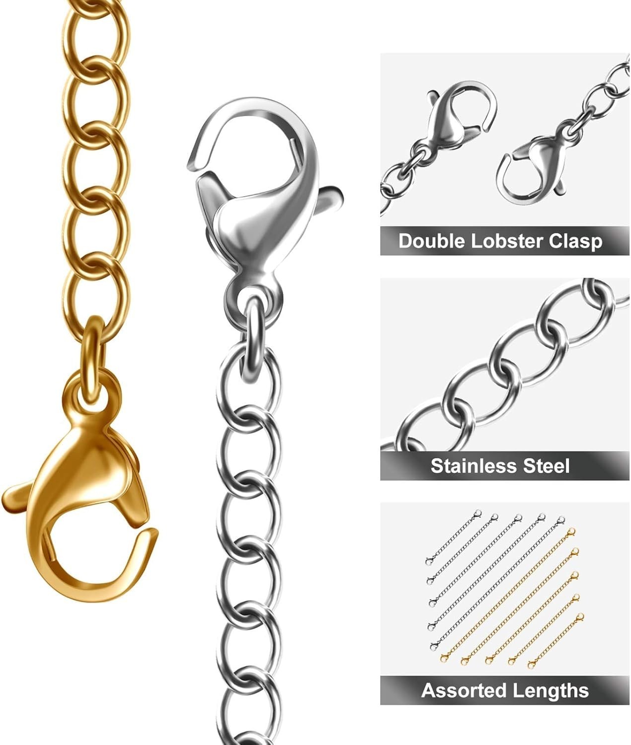 High-Quality 10-Pc Necklace Extenders – Tarnish Resistant Stainless Steel Chains