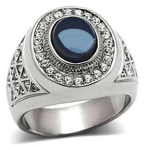 Mens Ring 8 x 10mm Dark Blue Oval Cabochon Dome Halo Silver Stainless Steel 8-14