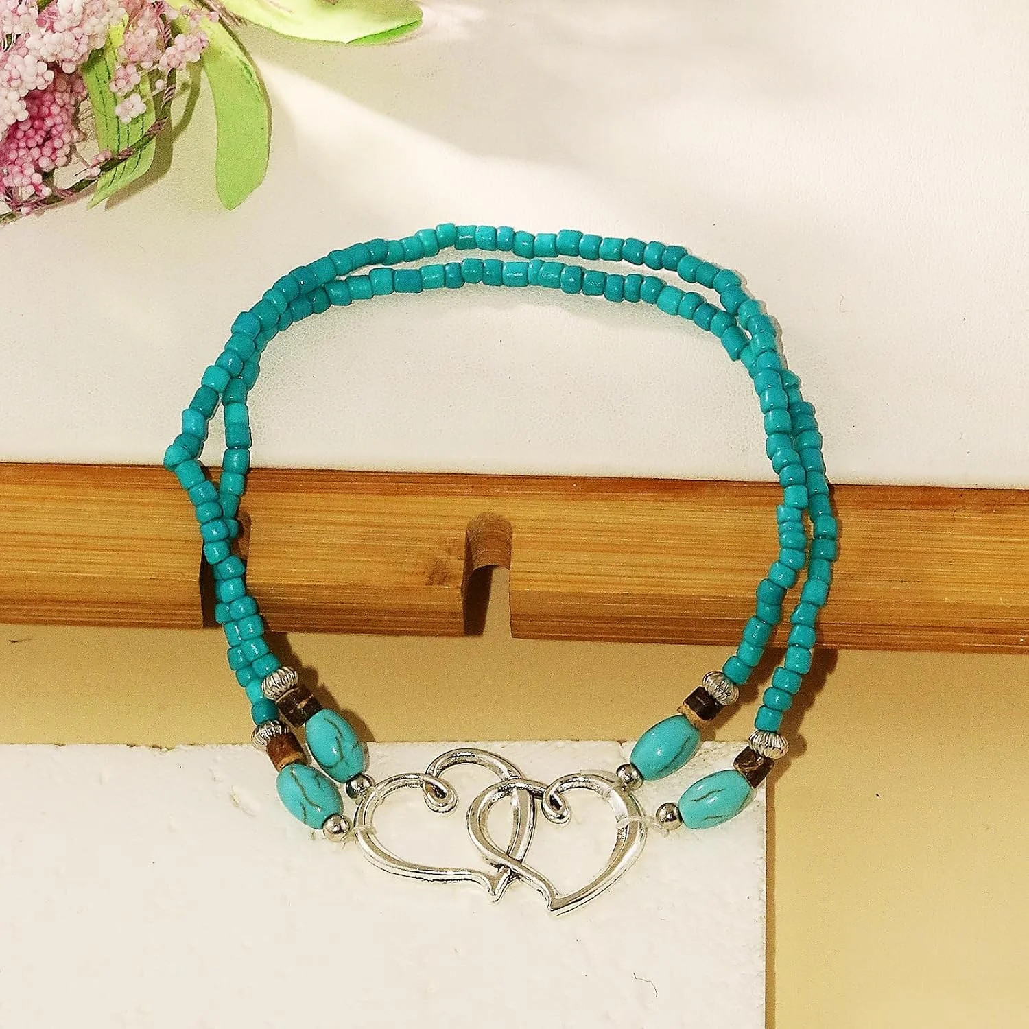 Elastic Beaded Ankle Bracelets for Women Double Heart Layered Stretch Ankle Brac
