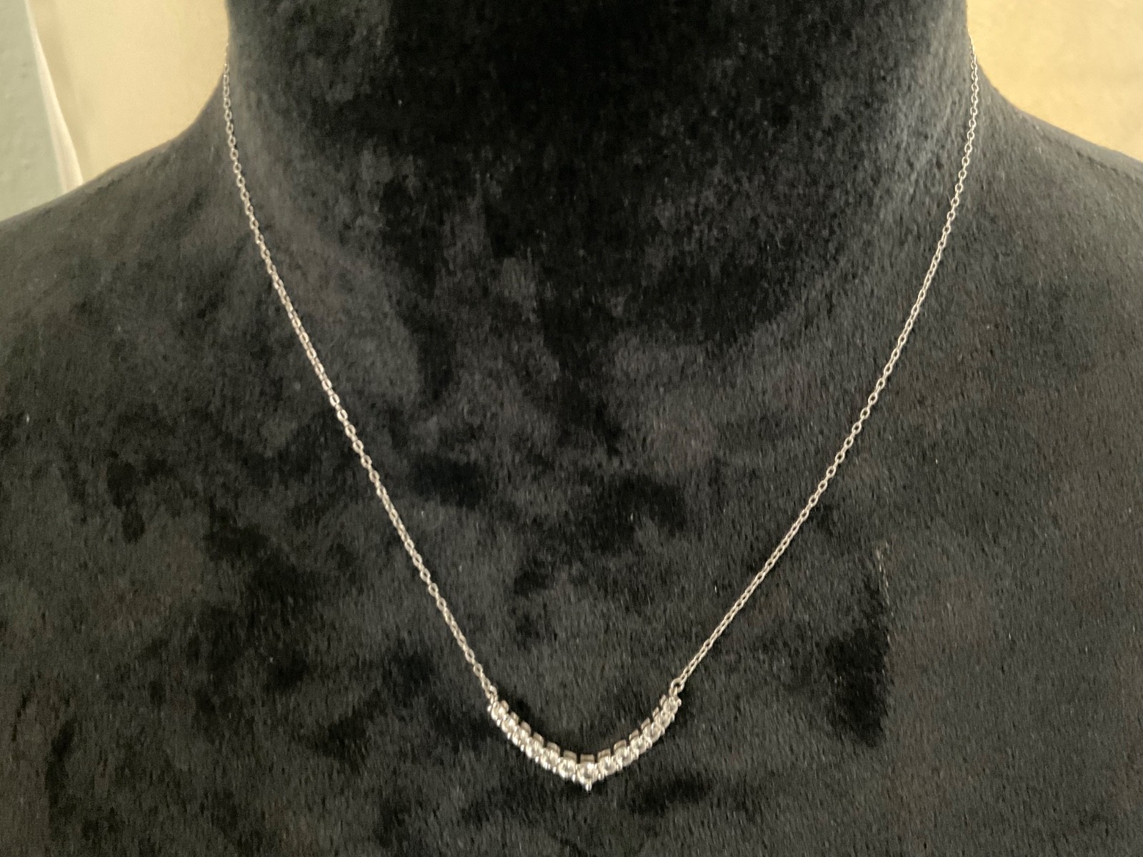 Sterling Silver CZ Curved Bar Necklace Graduated Arc Pendant 17” 925 Chain
